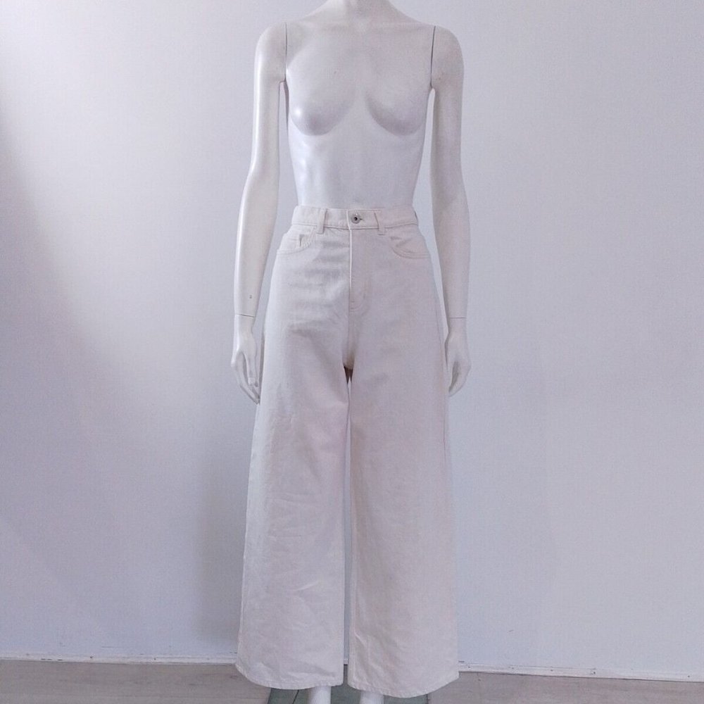 COS (25) Flared Jeans Size UK 8 10 EU 36 38 Cream Ecru Low-Rise Full-Length - Picture 3 of 9